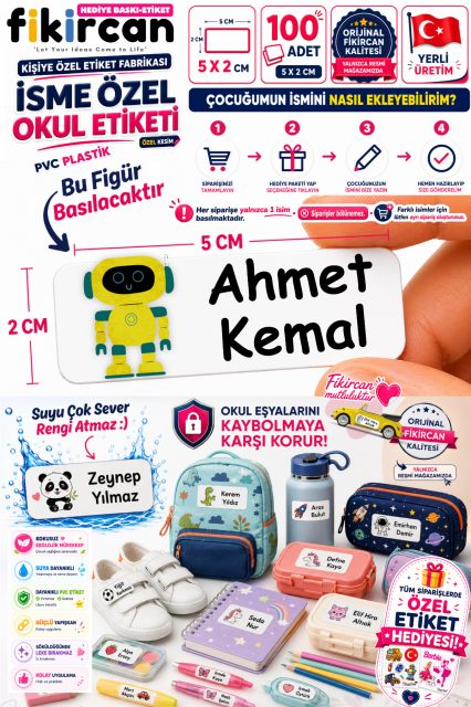 İsme Özel Okul Etiketi - 100 Adet - 5 x 2 cm - PVC Etiket - FİGÜR 74