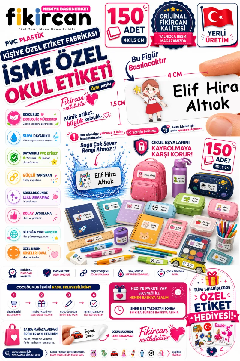 İsme Özel Okul Etiketi - 150 Adet - 1.5 x 4 cm - PVC Etiket - FİGÜR 17 — fotoğraf 1
