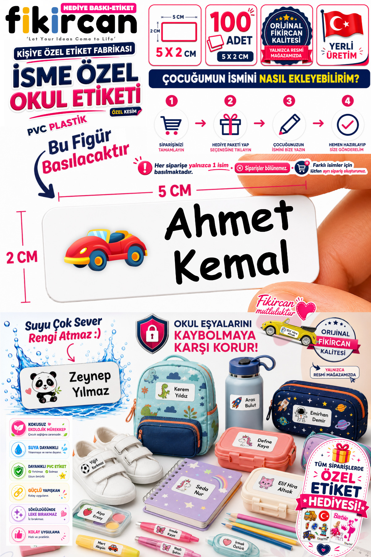 İsme Özel Okul Etiketi - 100 Adet - 5 x 2 cm - PVC Etiket - FİGÜR 77 — fotoğraf 1