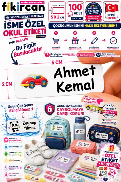 İsme Özel Okul Etiketi - 100 Adet - 5 x 2 cm - PVC Etiket - FİGÜR 77