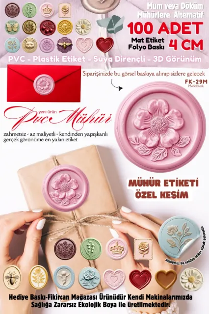 MÜHÜR ETİKETİ 100 Adet Kokusuz Ekolojik Mürekkep PVC ETİKET 4 CM MUM VE DÖKÜM ALTERNATİF