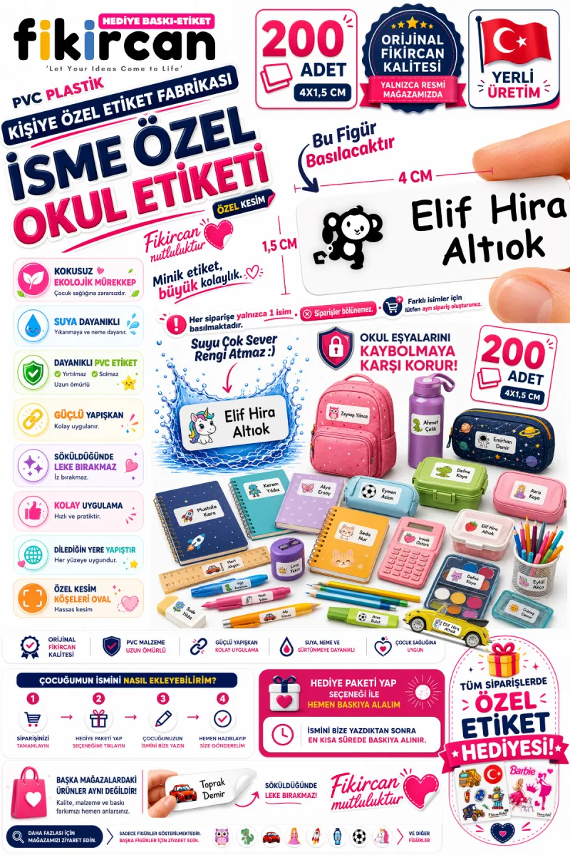 İsme Özel Okul Etiketi - 200 Adet - 1.5 x 4 cm - PVC Etiket - FİGÜR 16 1453260717379 — fotoğraf 1