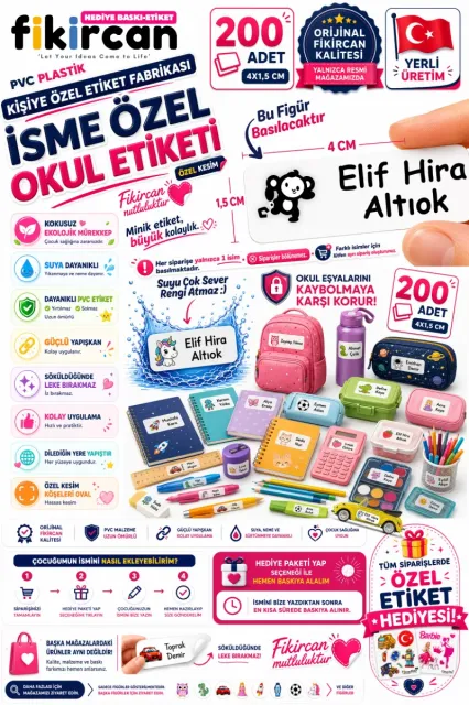 İsme Özel Okul Etiketi - 200 Adet - 1.5 x 4 cm - PVC Etiket - FİGÜR 16 1453260717379