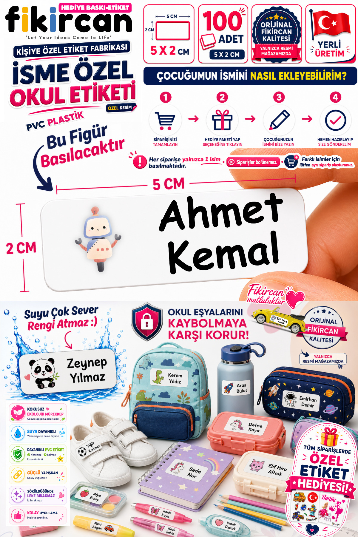 İsme Özel Okul Etiketi - 100 Adet - 5 x 2cm - PVC Etiket - FİGÜR 76 — fotoğraf 1