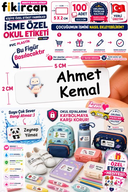 İsme Özel Okul Etiketi - 100 Adet - 5 x 2cm - PVC Etiket - FİGÜR 76