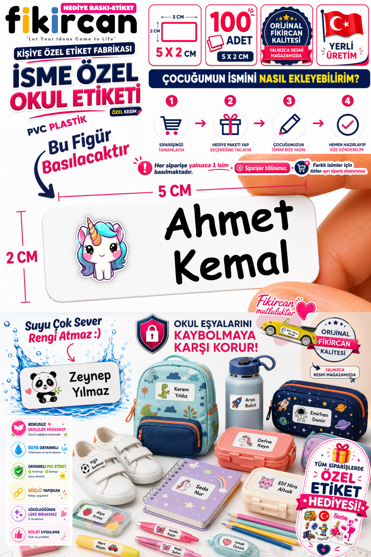 İsme Özel Okul Etiketi - 100 Adet - 5 x 2cm - PVC Etiket - FİGÜR 7 — fotoğraf 1