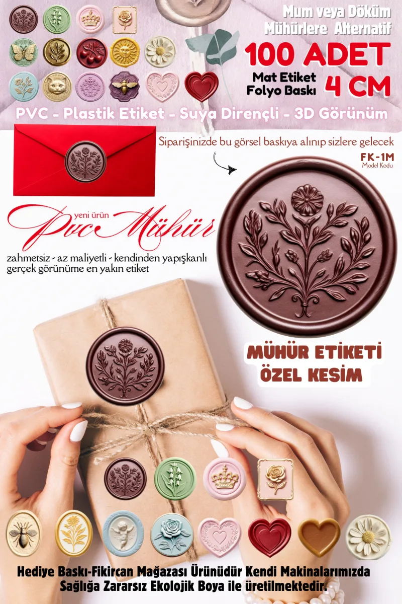 MÜHÜR ETİKETİ  100 Adet  Kokusuz Ekolojik Mürekkep PVC ETİKET 4 CM MUM VE DÖKÜM ALTERNATİF — fotoğraf 1