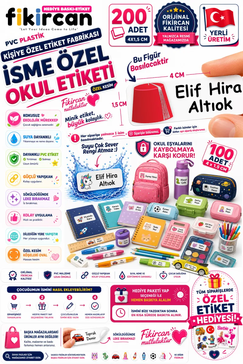 İsme Özel Okul Etiketi - 200 Adet - 1,5 x 4 cm - PVC Etiket - - FİGÜR 135 — fotoğraf 1