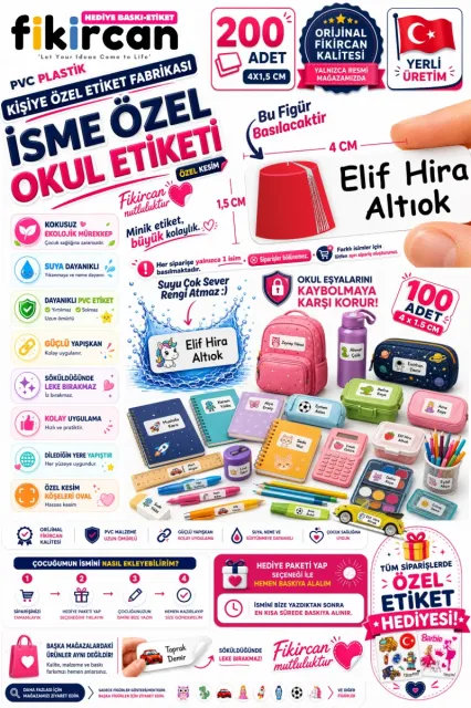 İsme Özel Okul Etiketi - 200 Adet - 1,5 x 4 cm - PVC Etiket - - FİGÜR 135