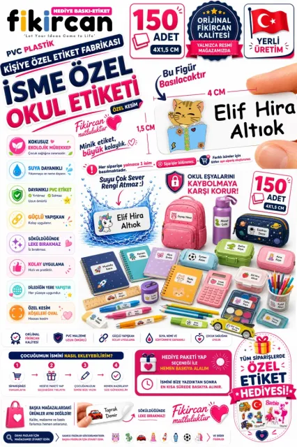 İsme Özel Okul Etiketi - 150 Adet - 1.5 x 4 cm - PVC Etiket - FİGÜR 63