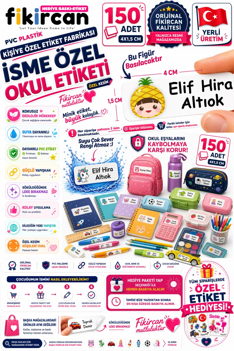 İsme Özel Okul Etiketi - 150 Adet - 1.5 x 4 cm - PVC Etiket - FİGÜR 112 — fotoğraf 1