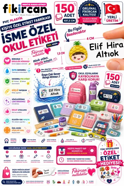 İsme Özel Okul Etiketi - 150 Adet - 1.5 x 4 cm - PVC Etiket - FİGÜR 112