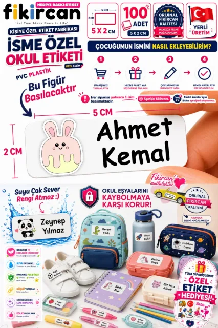 İsme Özel Okul Etiketi - 100 Adet - 5 x 2 cm - PVC Etiket - FİGÜR 14