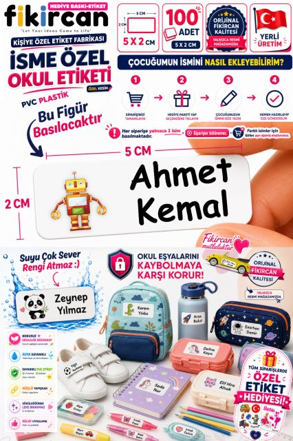 Isme Ozel Okul Etiketi - 100 Adet - 5 x 2 cm - PVC Etiket - FİGÜR 75