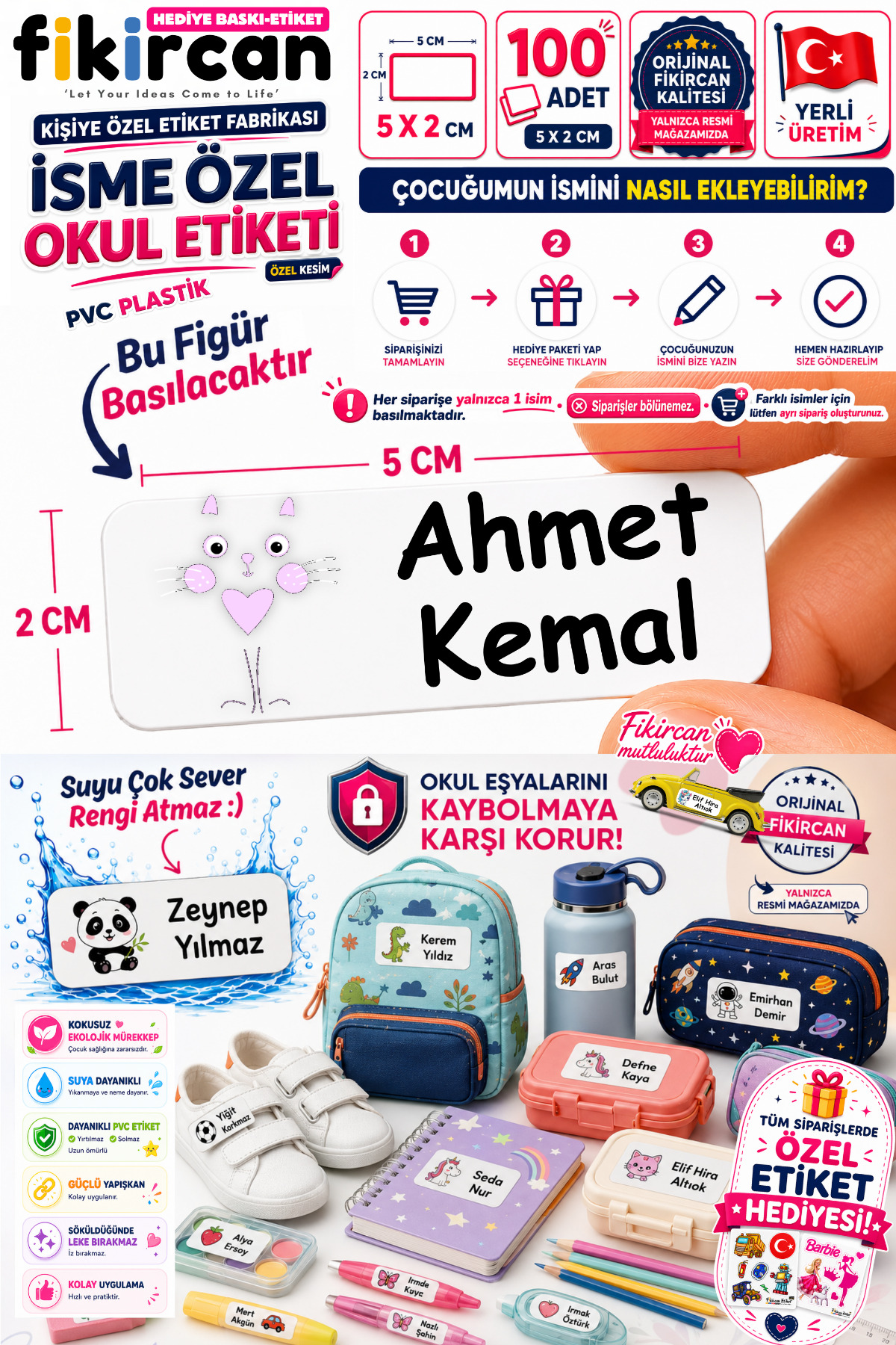 İsme Özel Okul Etiketi - 100 Adet - 5 x 2 cm - PVC Etiket - FİGÜR 89 — fotoğraf 1