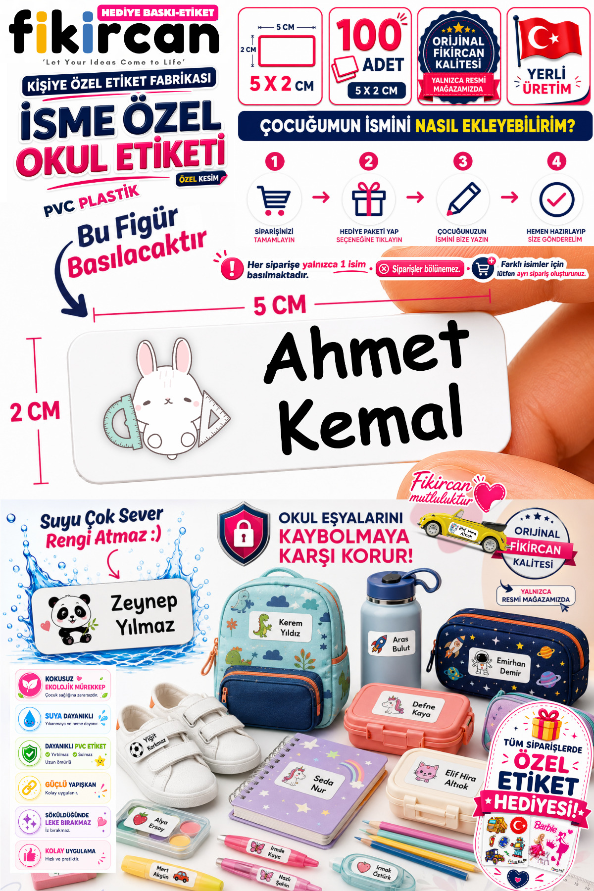 İsme Özel Okul Etiketi - 100 Adet - 5 x 2 cm - PVC Etiket - FİGÜR 93 — fotoğraf 1