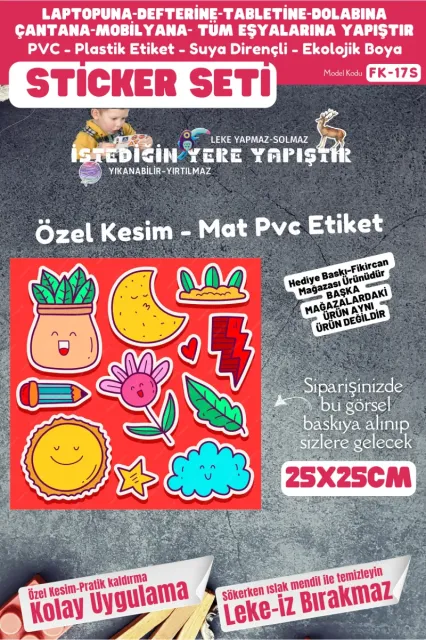 Fikircan Etiket Seti 25x25cm Pvc Sticker -Defter-Laptop-Tablet-Telefon-Dolap-Cam vb Her yere Yapışır