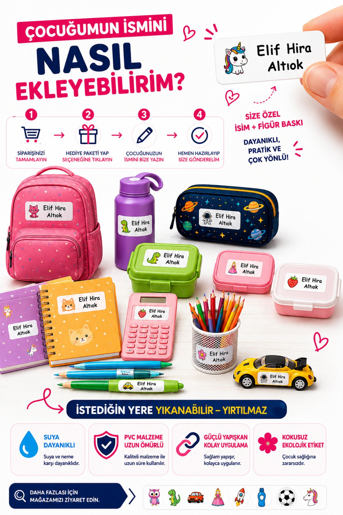 Çin Mantısı Isme Ozel Okul Etiketi - 300 Adet - 1.5 x 4 cm - PVC Etiket — fotoğraf 4