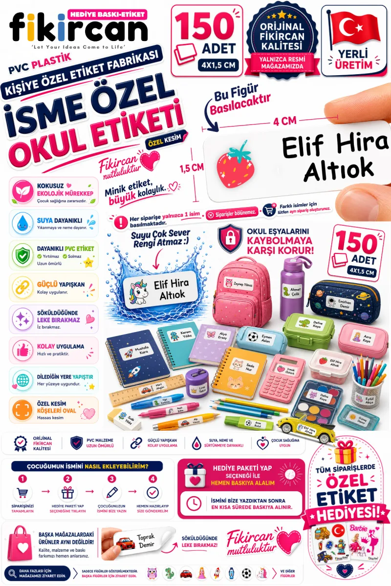 İsme Özel Okul Etiketi - 150 Adet - 1.5 x 4 cm - PVC Etiket - FİGÜR 31 — fotoğraf 1