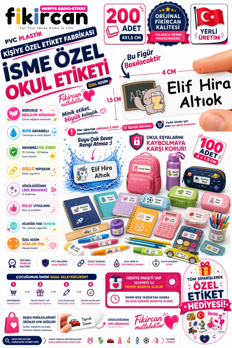 İsme Özel Okul Etiketi - 200 Adet - 1,5 x 4 cm - PVC Etiket - - FİGÜR 55 — fotoğraf 1