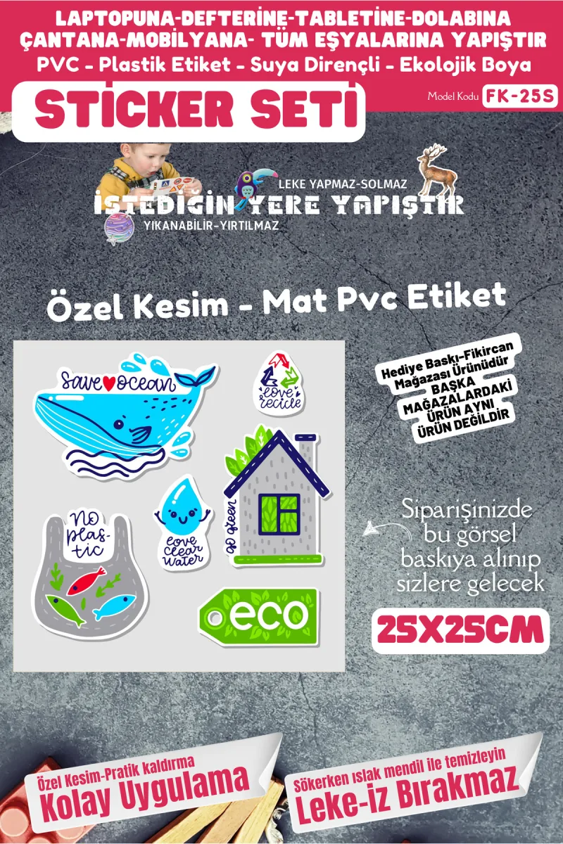 Fikircan Etiket Seti 25x25cm Pvc Sticker -Defter-Laptop-Tablet-Telefon-Dolap-Cam vb Her yere Yapışır — fotoğraf 1
