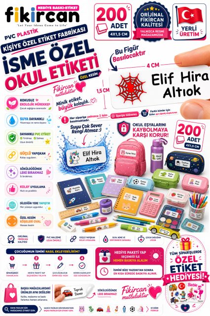 İsme Özel Okul Etiketi - 200 Adet - 1.5 x 4 cm - PVC Etiket - FİGÜR 20 1453260718265