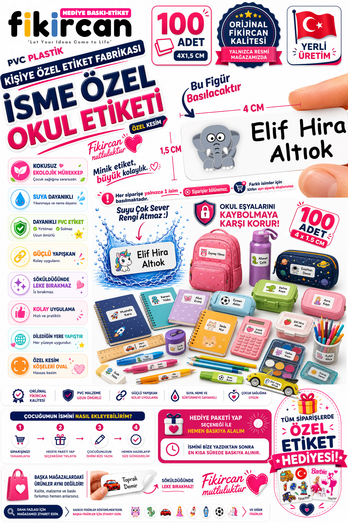 İsme Özel Okul Etiketi - 100 Adet - 1.5 x 4 cm - PVC Etiket - FİGÜR 117 — fotoğraf 1
