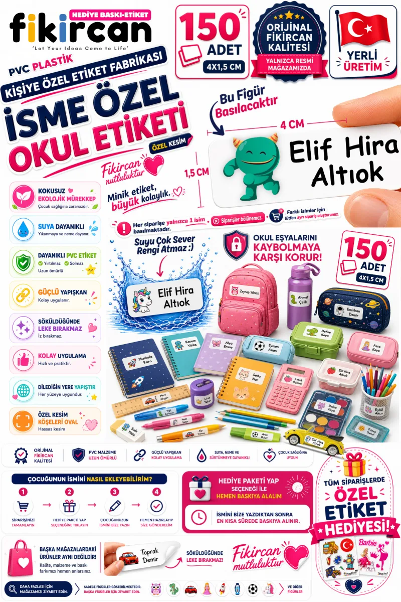 İsme Özel Okul Etiketi - 150 Adet - 1.5 x 4 cm - PVC Etiket - FİGÜR 19 — fotoğraf 1