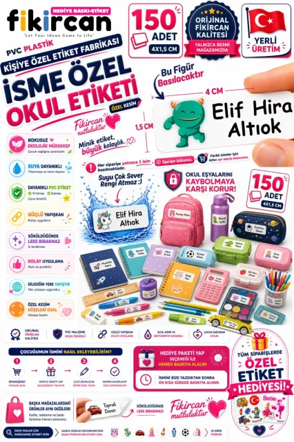 İsme Özel Okul Etiketi - 150 Adet - 1.5 x 4 cm - PVC Etiket - FİGÜR 19