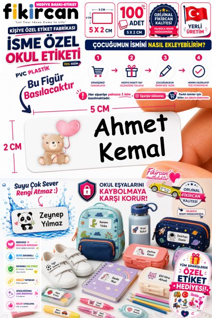 İsme Özel Okul Etiketi - 100 Adet - 5 x 2 cm - PVC Etiket - FİGÜR 124