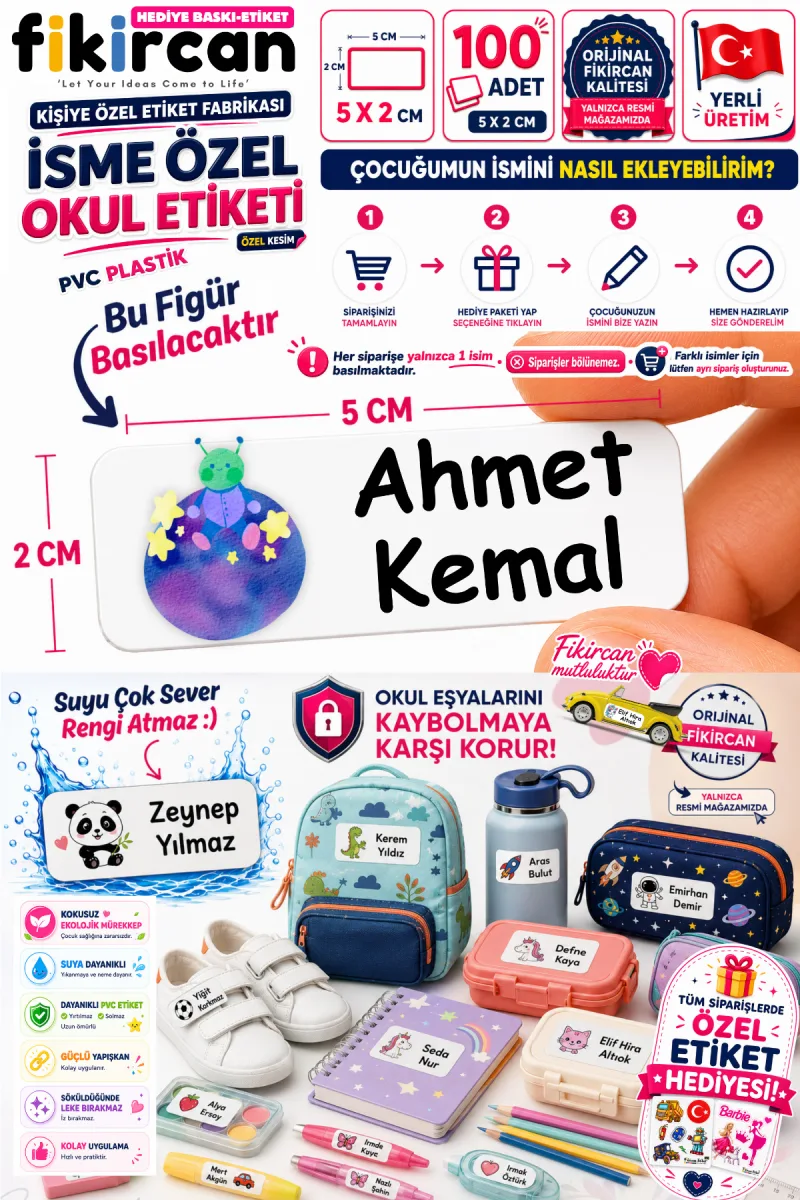 İsme Özel Okul Etiketi - 100 Adet - 5 x 2 cm - PVC Etiket - FİGÜR 12 — fotoğraf 1