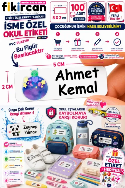 İsme Özel Okul Etiketi - 100 Adet - 5 x 2 cm - PVC Etiket - FİGÜR 12