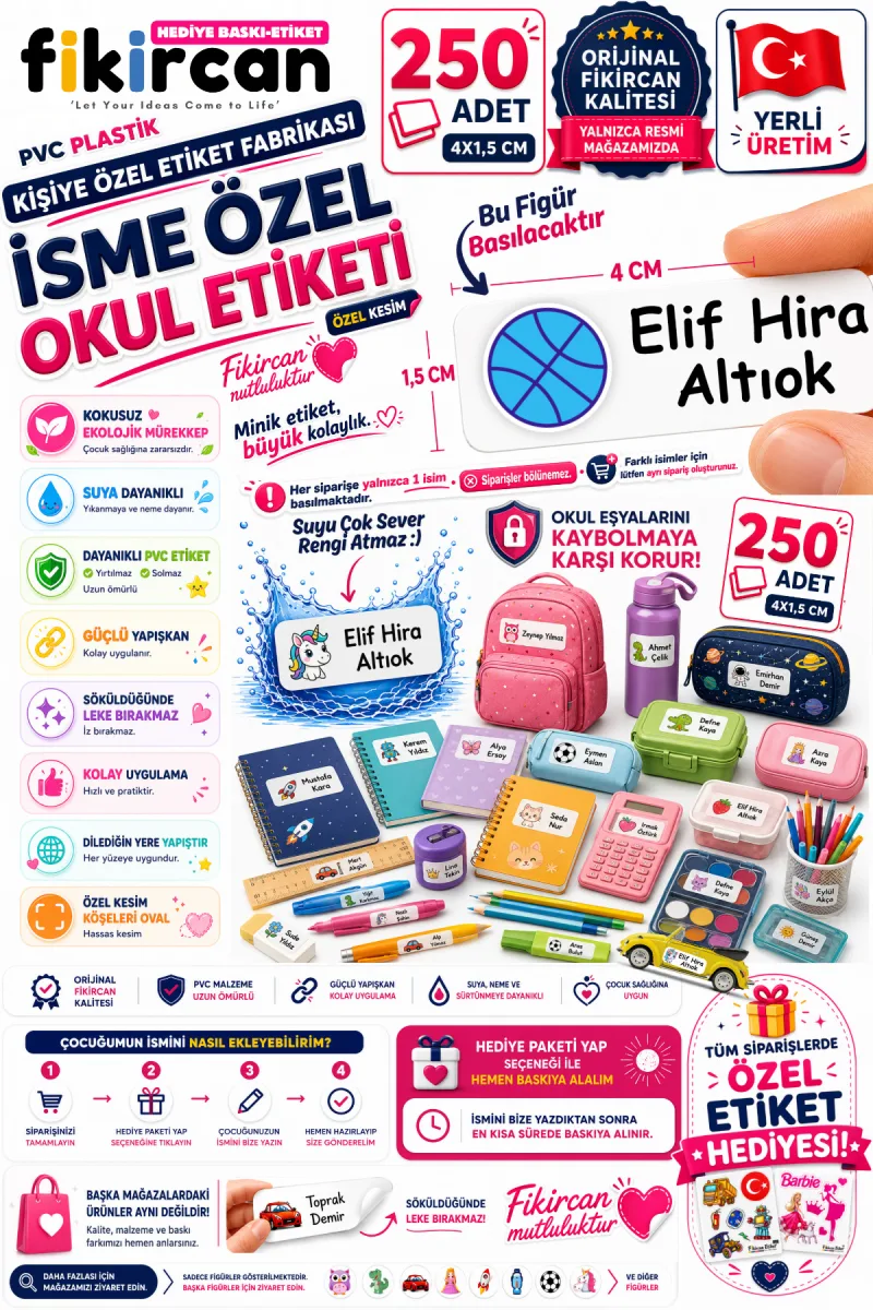 İsme Özel Okul Etiketi - 250 Adet - 1.5 x 4 cm - PVC Etiket - FİGÜR 82 — fotoğraf 1