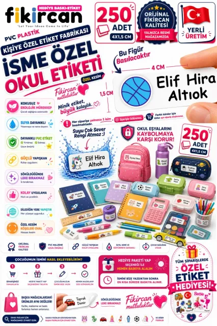 İsme Özel Okul Etiketi - 250 Adet - 1.5 x 4 cm - PVC Etiket - FİGÜR 82