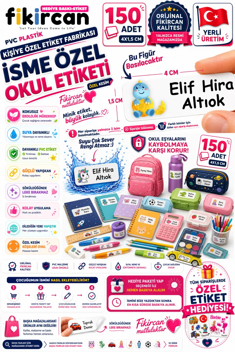 İsme Özel Okul Etiketi - 150 Adet - 1.5 x 4 cm - PVC Etiket - FİGÜR 69 — fotoğraf 1
