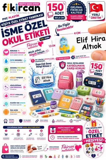 İsme Özel Okul Etiketi - 150 Adet - 1.5 x 4 cm - PVC Etiket - FİGÜR 69