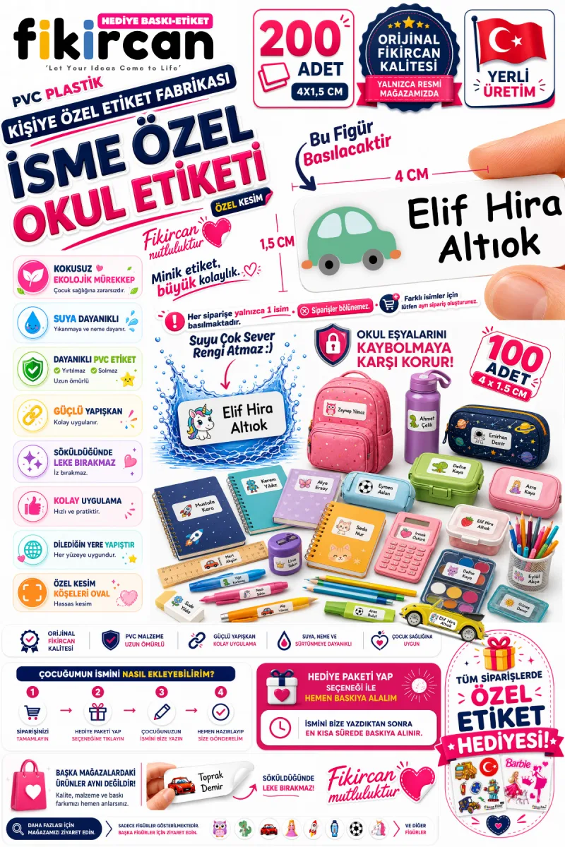İsme Özel Okul Etiketi - 200 Adet - 1,5 x 4 cm - PVC Etiket - - FİGÜR 80 — fotoğraf 1