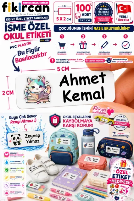 İsme Özel Okul Etiketi - 100 Adet - 5 x 2 cm - PVC Etiket - FİGÜR 15