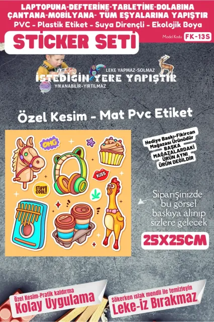 Fikircan Etiket Seti 25x25cm Pvc Sticker -Defter-Laptop-Tablet-Telefon-Dolap-Cam vb Her yere Yapışır