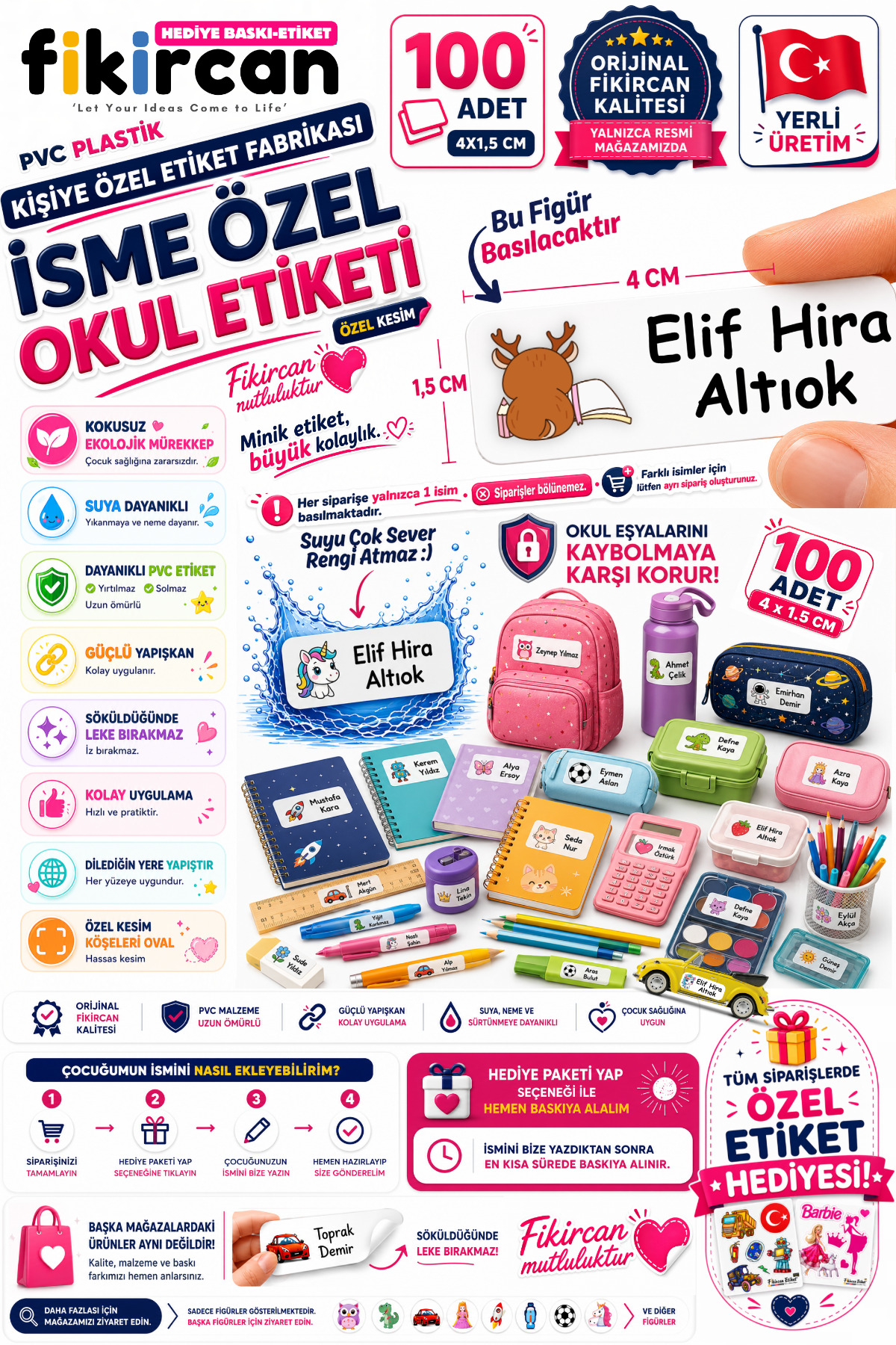 İsme Özel Okul Etiketi - 100 Adet - 1.5 x 4 cm - PVC Etiket - FİGÜR 91 — fotoğraf 1
