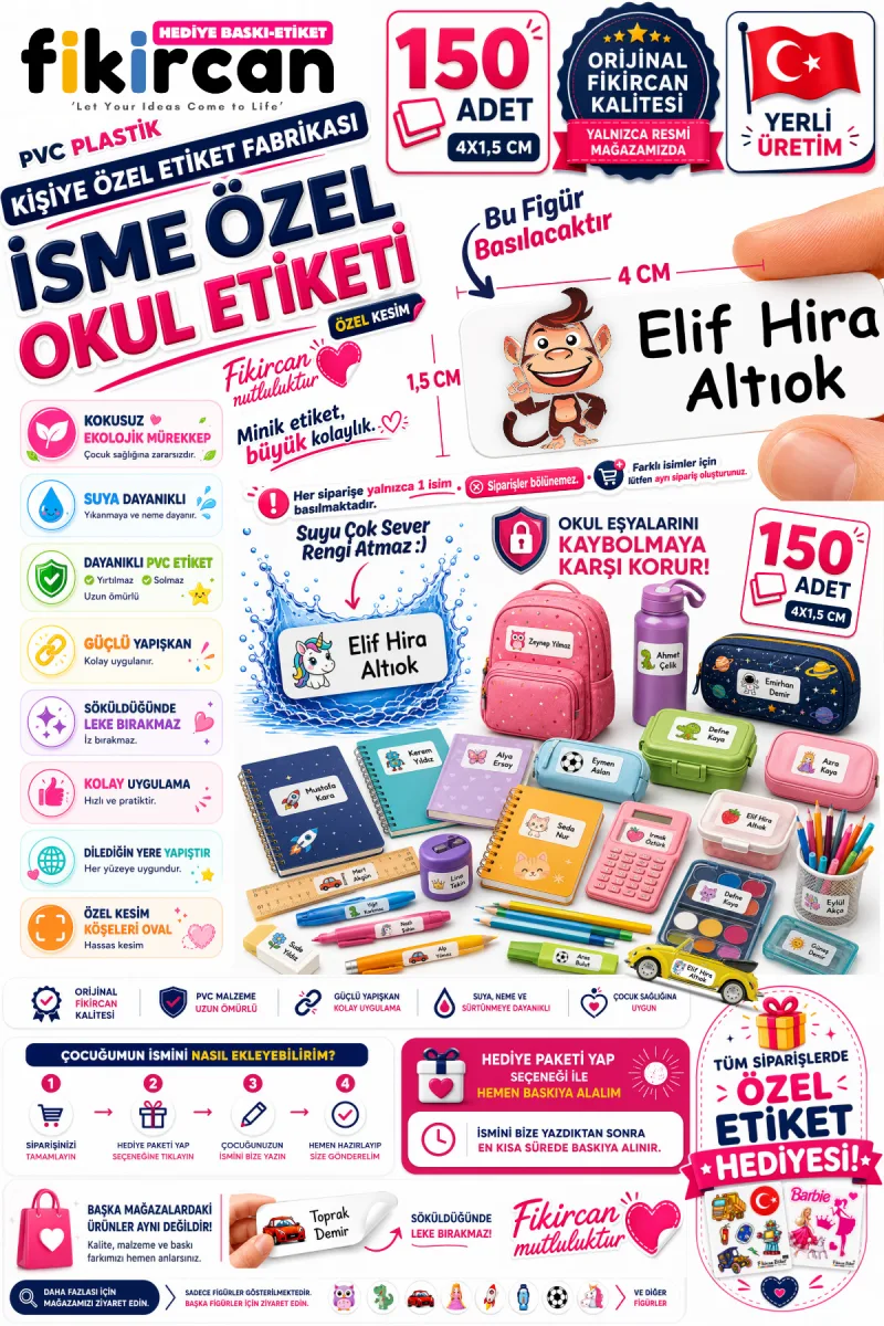 İsme Özel Okul Etiketi - 150 Adet - 1.5 x 4 cm - PVC Etiket - FİGÜR 122 — fotoğraf 1