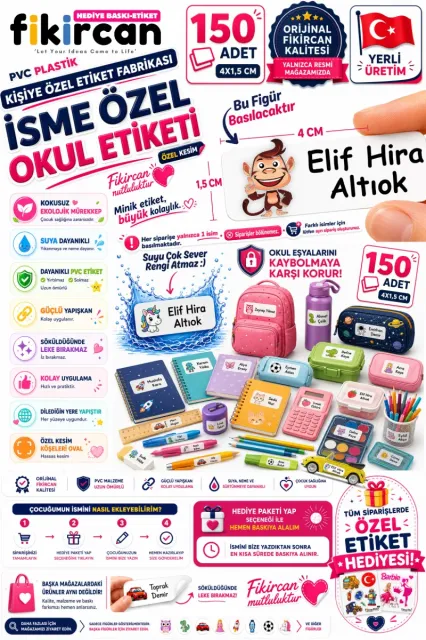 İsme Özel Okul Etiketi - 150 Adet - 1.5 x 4 cm - PVC Etiket - FİGÜR 122