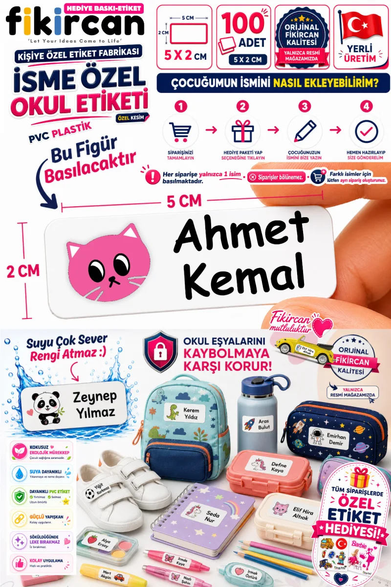 İsme Özel Okul Etiketi - 100 Adet - 5 x 2 cm - PVC Etiket - FİGÜR 34 — fotoğraf 1