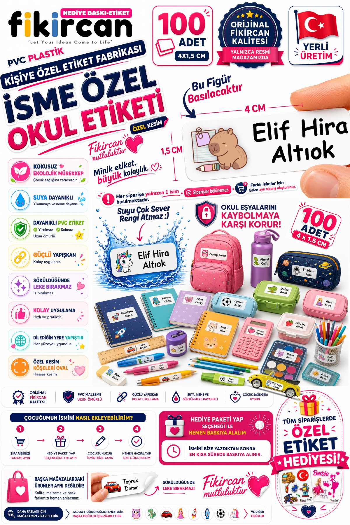 İsme Özel Okul Etiketi - 100 Adet - 1.5 x 4 cm - PVC Etiket - FİGÜR 57 — fotoğraf 1