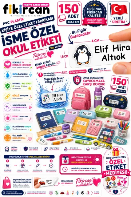 İsme Özel Okul Etiketi - 150 Adet - 1.5 x 4 cm - PVC Etiket - FİGÜR 47