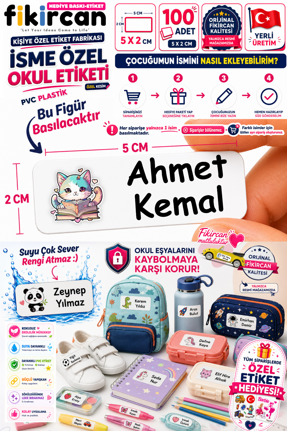 Isme Ozel Okul Etiketi - 100 Adet - 5 x 2 cm - PVC Etiket - FİGÜR 15