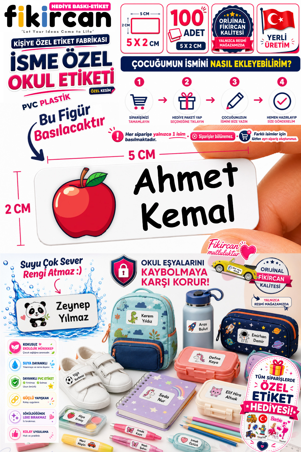 İsme Özel Okul Etiketi - 100 Adet - 5 x 2 cm - PVC Etiket - FİGÜR 110 — fotoğraf 1