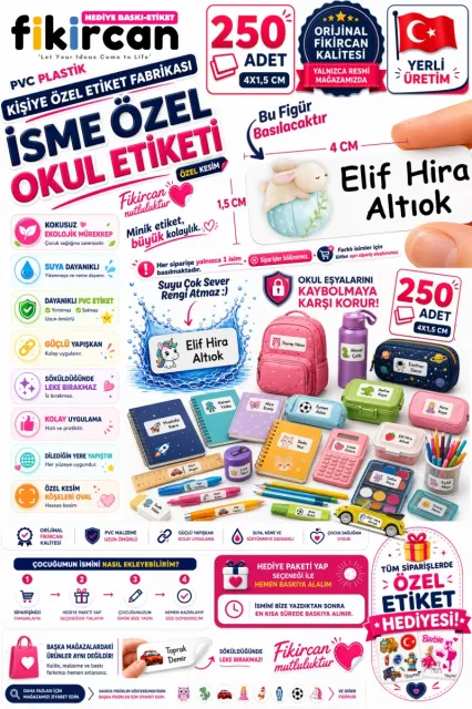 İsme Özel Okul Etiketi - 250 Adet - 1.5 x 4 cm - PVC Etiket - FİGÜR 130