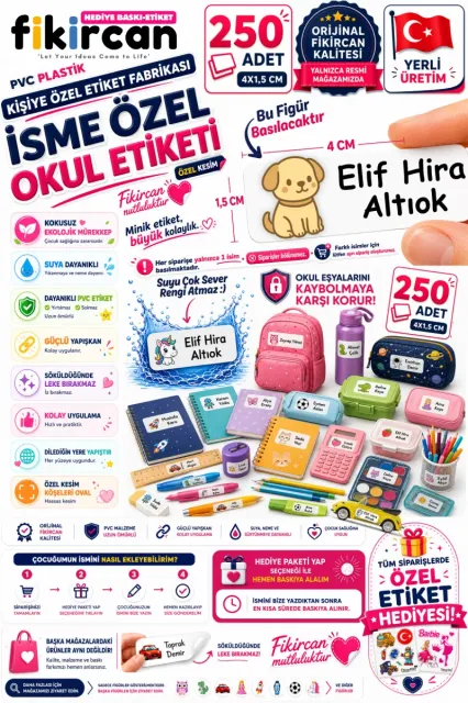 İsme Özel Okul Etiketi - 250 Adet - 1.5 x 4 cm - PVC Etiket - FİGÜR 102
