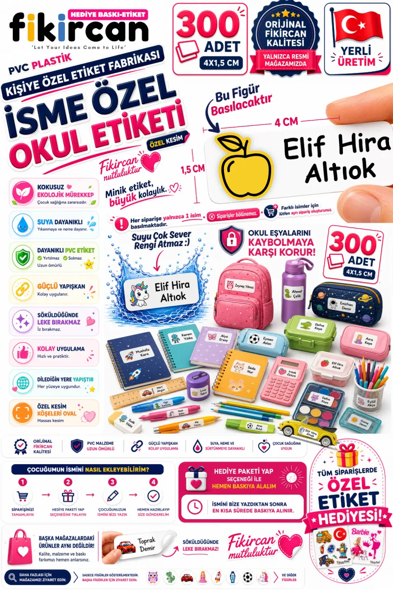 İsme Özel Okul Etiketi - 300 Adet - 1.5 x 4 cm - PVC Etiket - FİGÜR 109 — fotoğraf 1